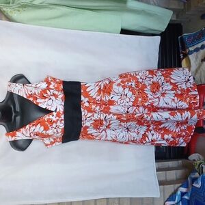 GORGEOUS  Donna Ricco orange& white flowered cotton dress, corset back PTP=19"